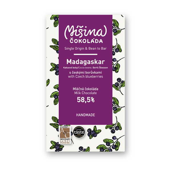 Míšina čokoláda Mléčná 58,5% Madagaskar s českými borůvkami 50g