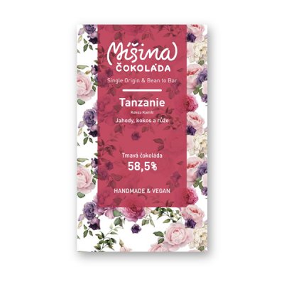 Míšina čokoláda Tmavá 58,5% Tanzanie s českými jahodami, kokosem a růžemi 50g