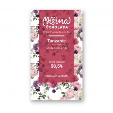 Míšina čokoláda Tmavá 58,5% Tanzanie s českými jahodami, kokosem a růžemi 50g
