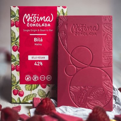 Míšina čokoláda Bílá vegan 42% s malinami 50g