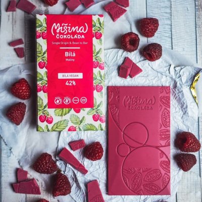Míšina čokoláda Bílá vegan 42% s malinami 50g
