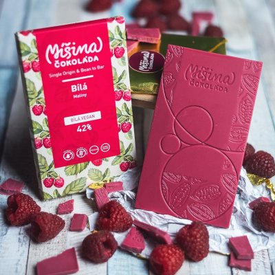 Míšina čokoláda Bílá vegan 42% s malinami 50g