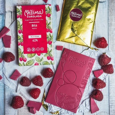 Míšina čokoláda Bílá vegan 42% s malinami 50g