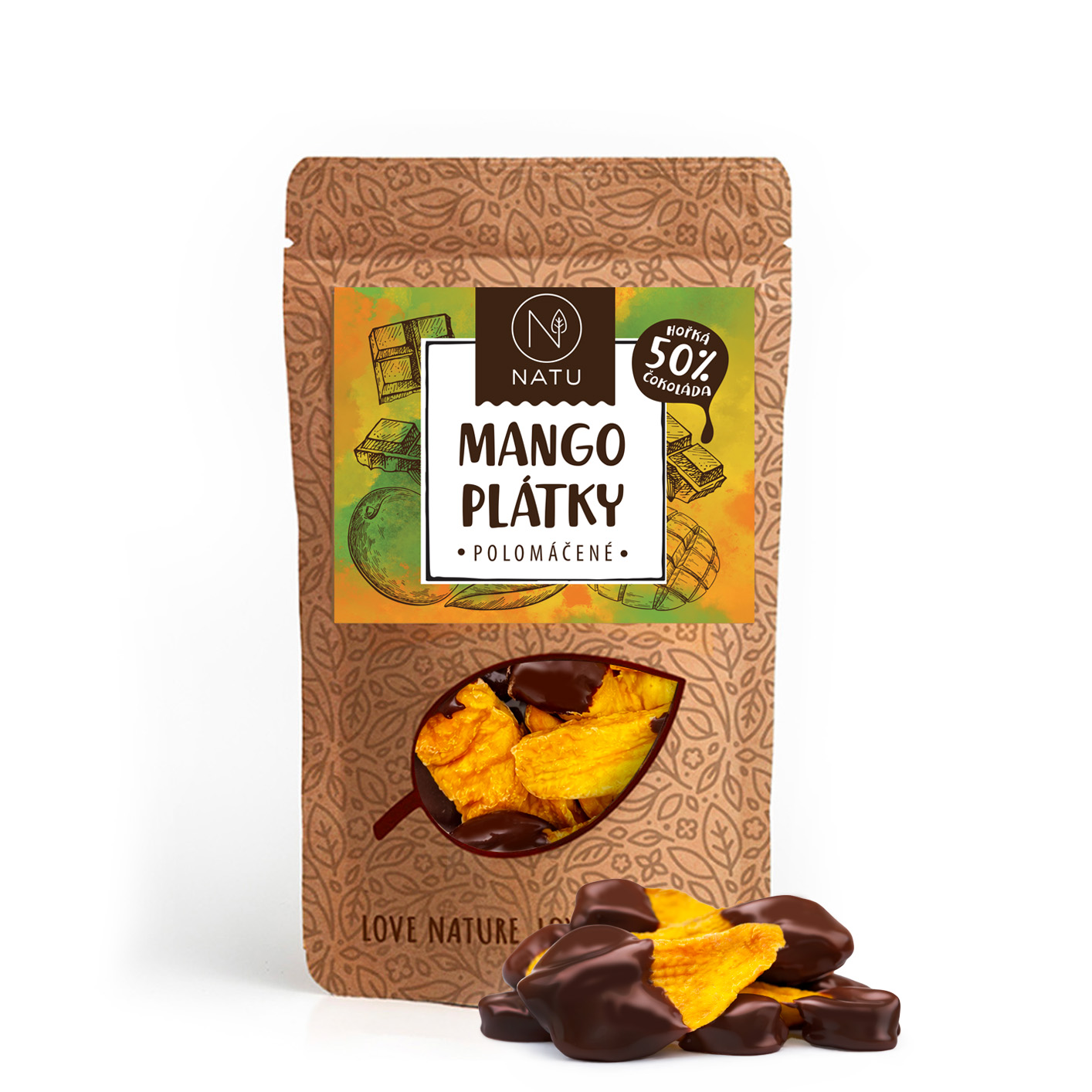 NATU Mango plátky polomáčené 50% hořká čokoláda 120g